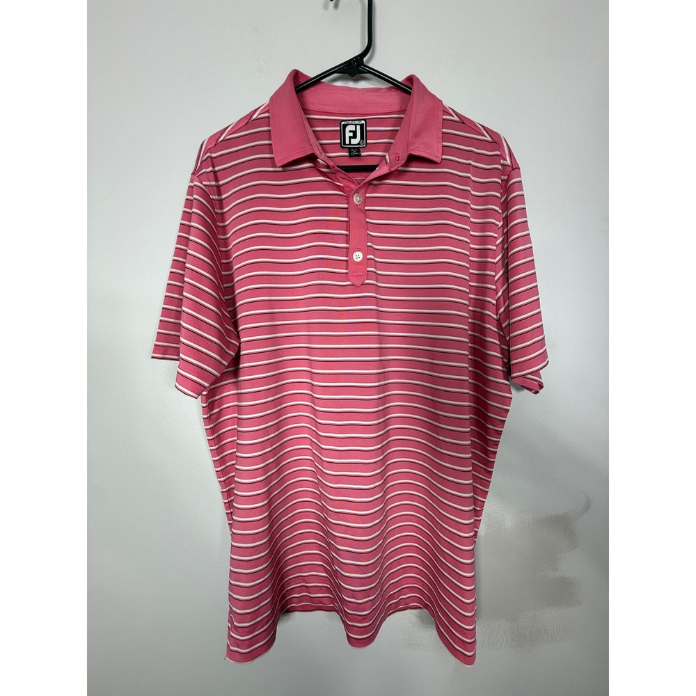 FootJoy Mens ProDry Athletic Fit Striped Golf Polo Shirt Pink White Large